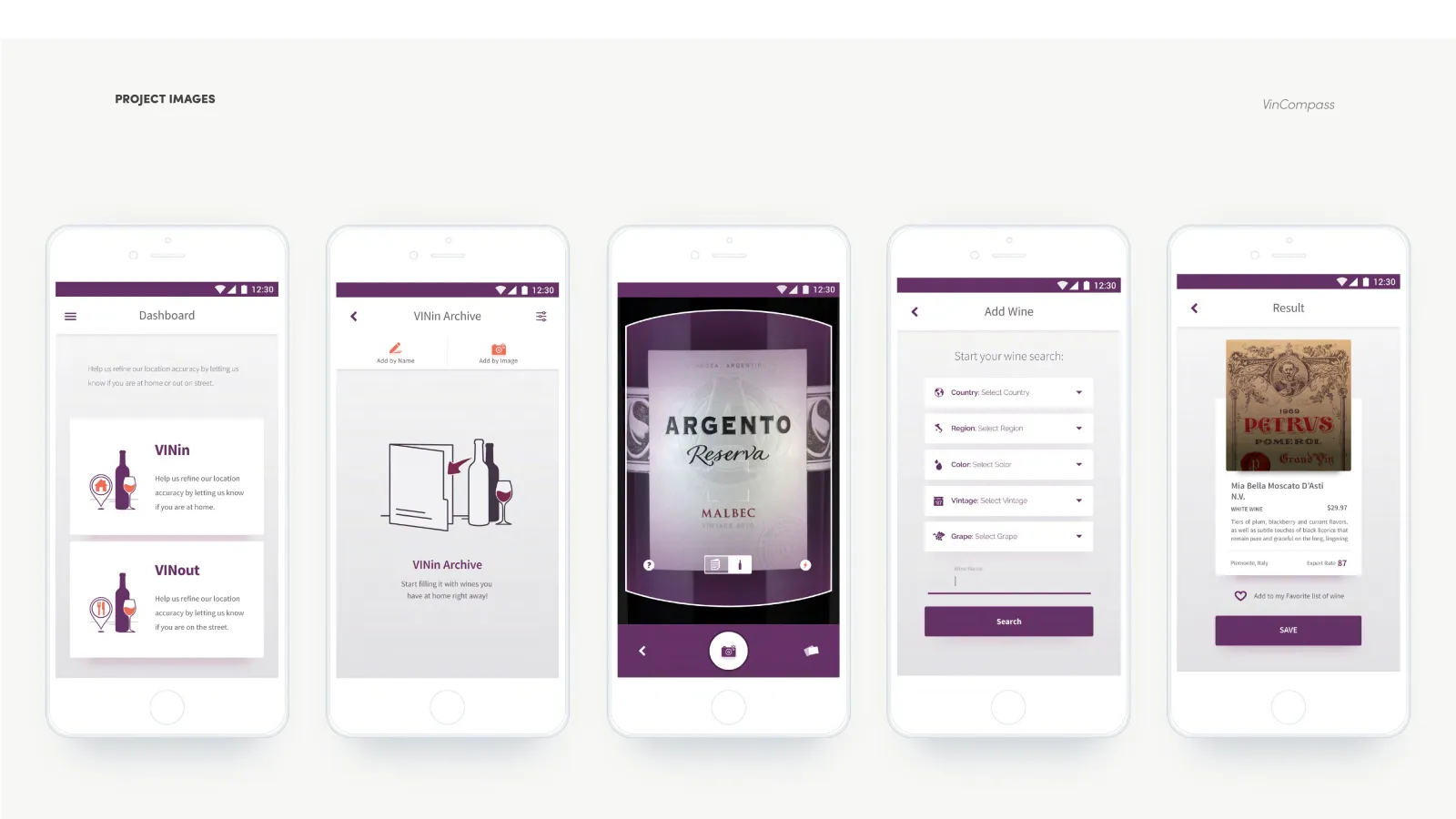 VinCompass mobile app wine discovery screens